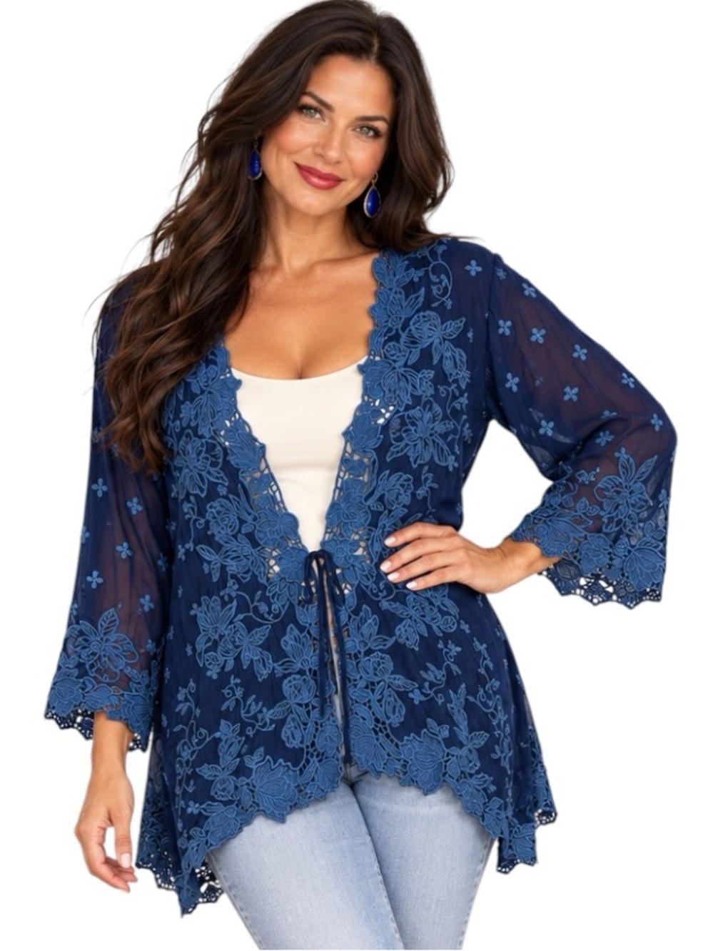 Johnny Was crochet embroidered Traci kimono in Blue Night NWT
